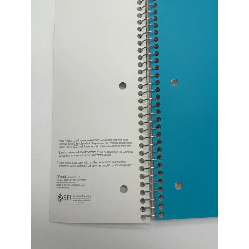 Five Star 1 Subject Notebook College Ruled 100 Sheets Teal Spiral Bound 06206